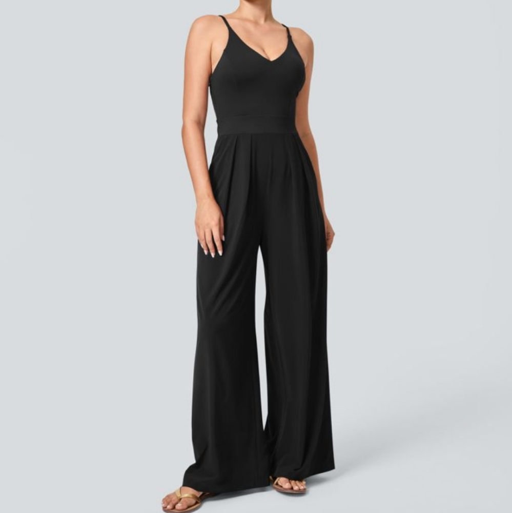 HALARA Black Wide-Leg Jumpsuit with V-Neckline